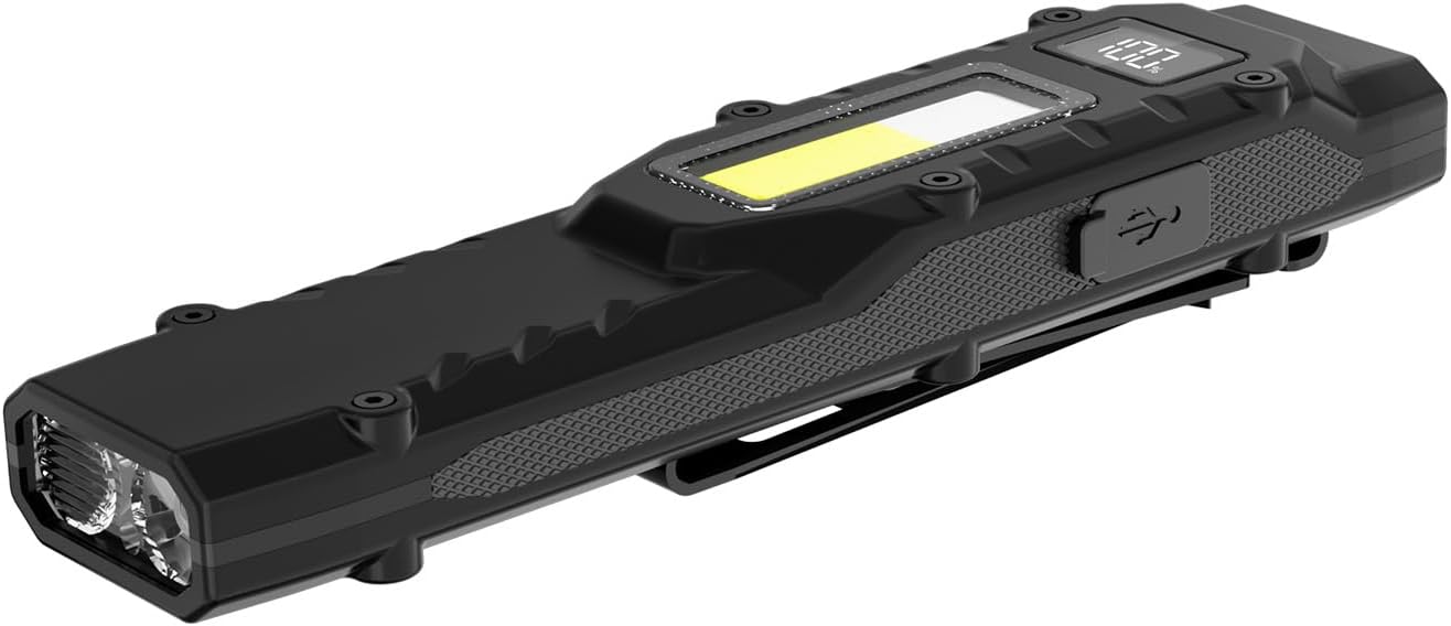 EDC flashlight - side profile showing digital screen, top LED light, USB port and torch flashlights both spot and floodlight.