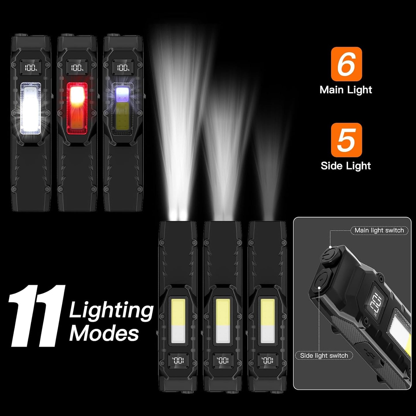 A promotional graphic for a tactical LED flashlight showing four views of the flashlight on a black background, with beams of light emitted from the main head. Text overlays highlight features: '11 Lighting Modes', '6 Main Light', and '5 Side Light'.