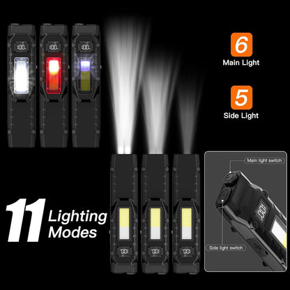 A promotional graphic for a tactical LED flashlight showing four views of the flashlight on a black background, with beams of light emitted from the main head. Text overlays highlight features: '11 Lighting Modes', '6 Main Light', and '5 Side Light'.