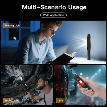 A promotional graphic for a multi-scenario flashlight. The top text reads 'Multi-Scenario Usage' and 'Wide Application.