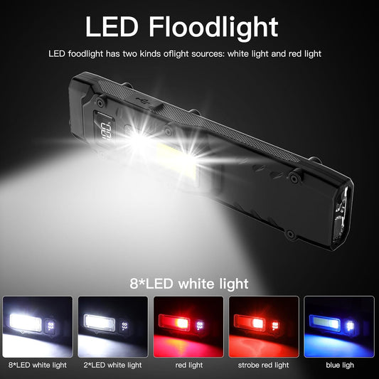 LED floodlight with white and red light options on a dark background