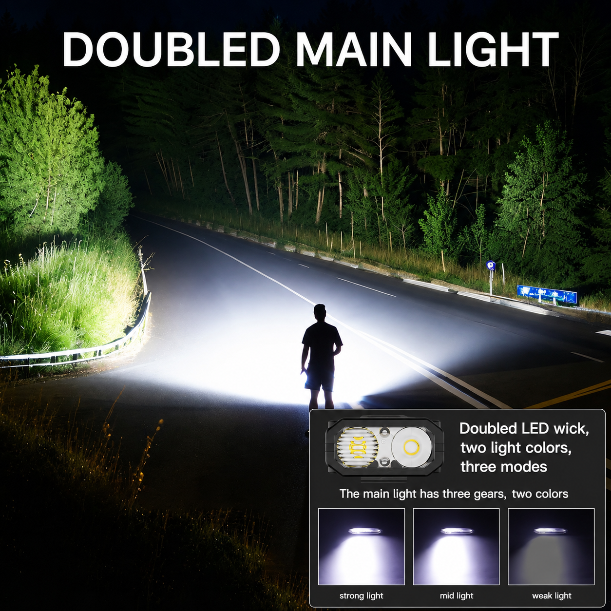 A night outdoor scene on a dark road with a person standing under a bright vehicle light beam, plus large text reading 'DOUBLED MAIN LIGHT' and an inset showing three light modes with labeled beam strengths.