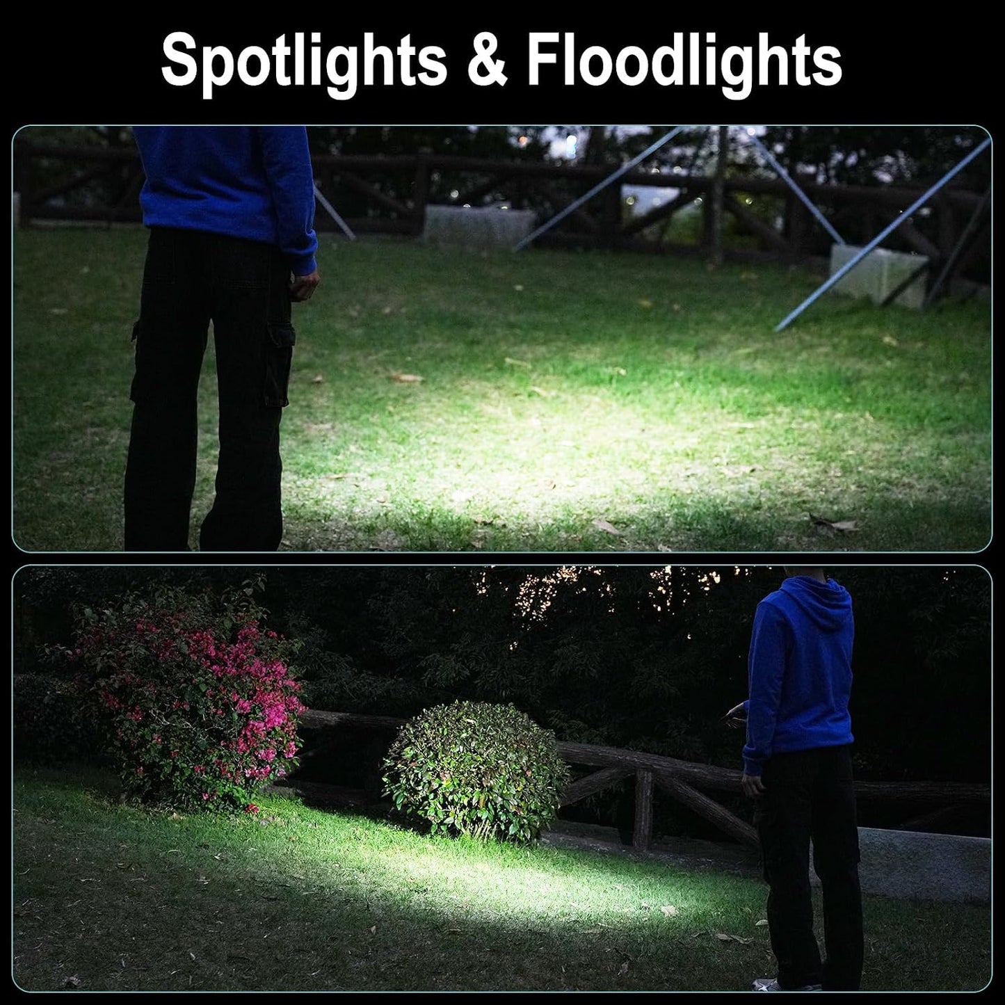 APEX Online SA compact flashlight showing wide floodlight and focused spotlight beams on a grassy lawn at night