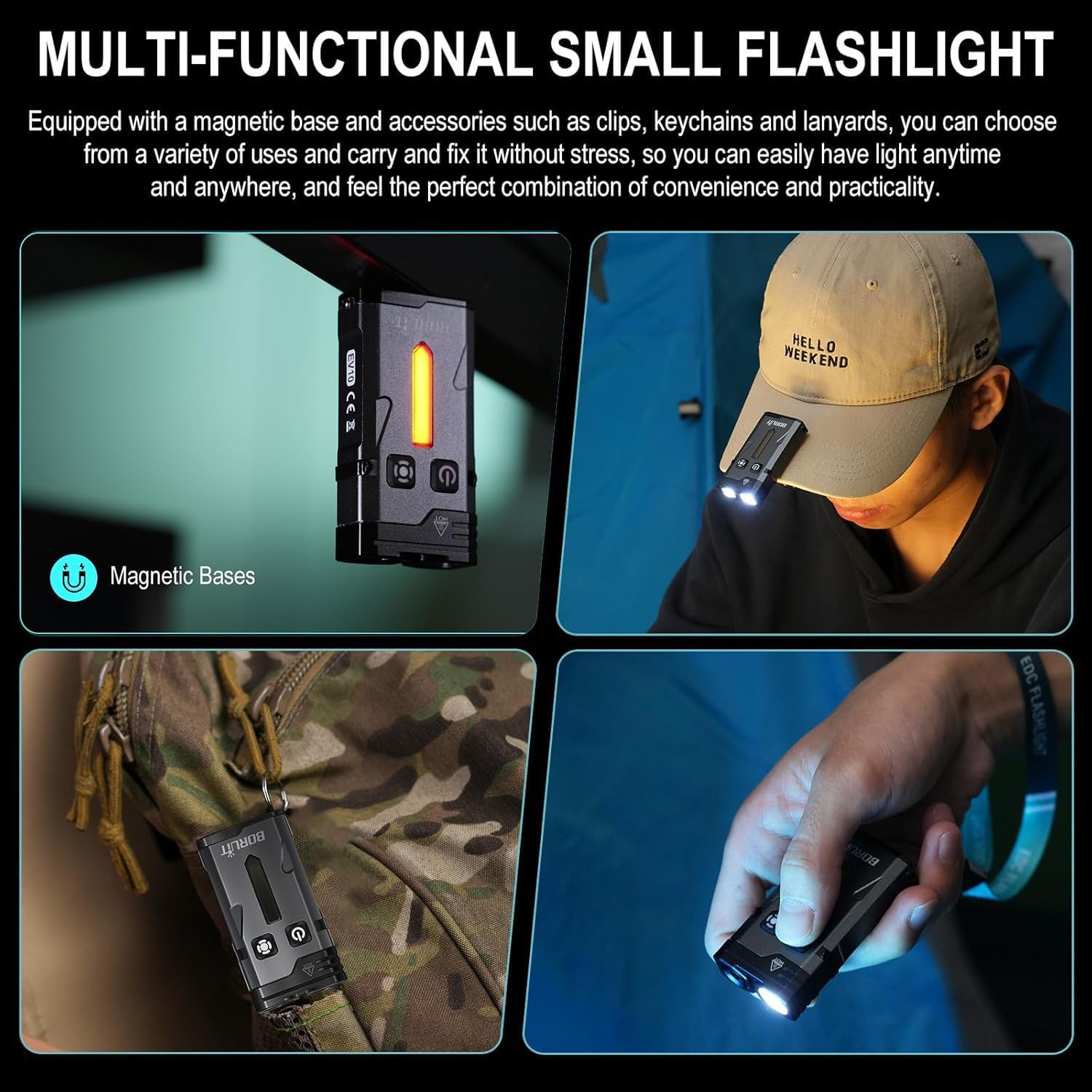 APEX Online SA compact magnetic flashlight with RGB ambient light, shown clipped to a cap, bag, and held in hand.