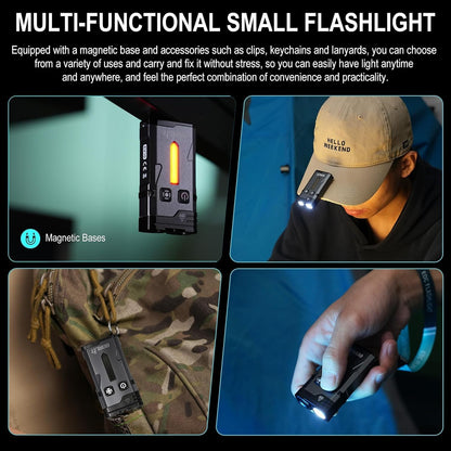 APEX Online SA compact magnetic flashlight with RGB ambient light, shown clipped to a cap, bag, and held in hand.