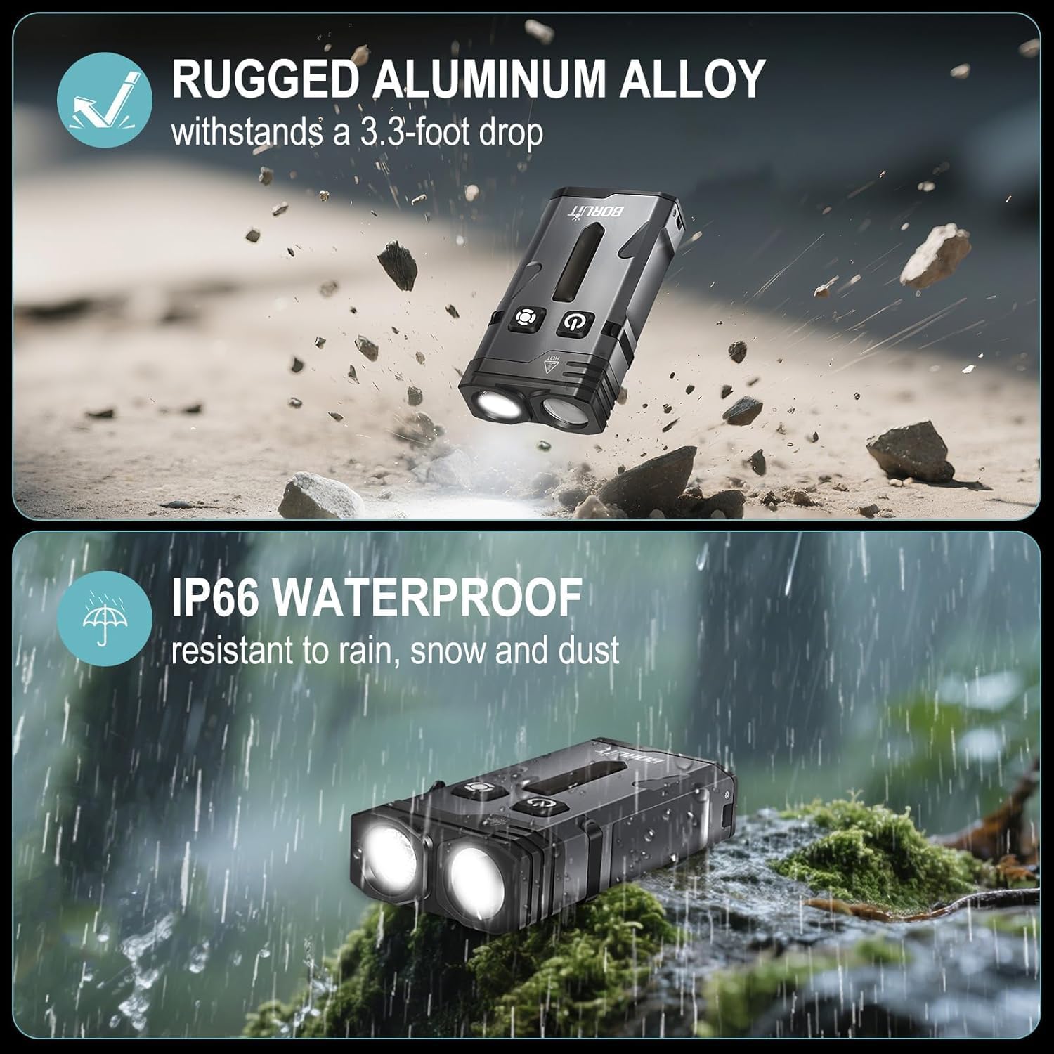 APEX Online SA compact dual-beam flashlight showing rugged aluminum alloy durability and IP66 waterproof performance