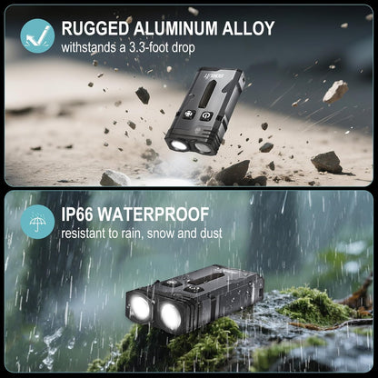 APEX Online SA compact dual-beam flashlight showing rugged aluminum alloy durability and IP66 waterproof performance