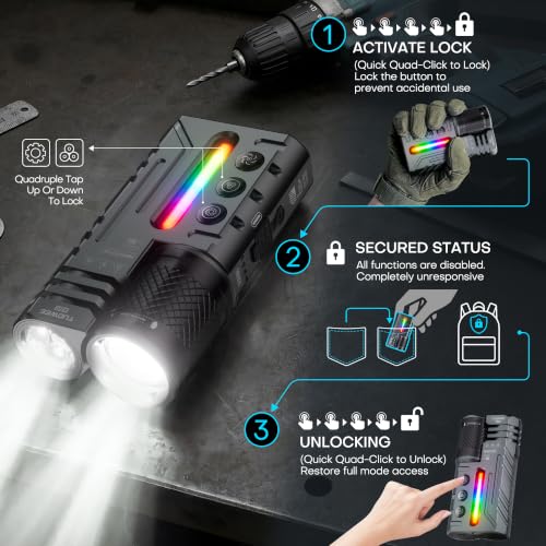 APEX Online SA heavy-duty EDC flashlight showing quad-click safety lock instructions for secure carry and activation.