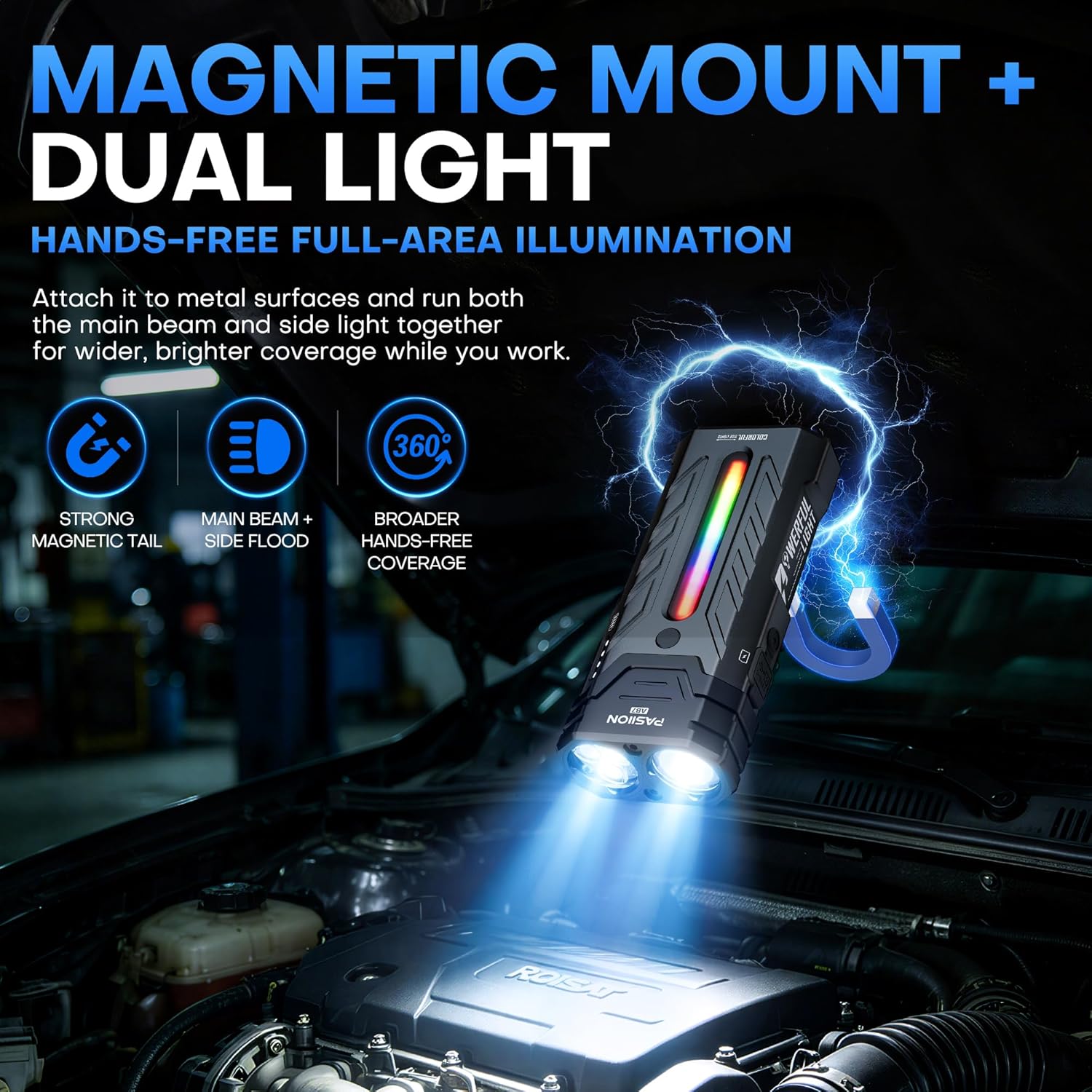 APEX Online SA EDC flashlight with magnetic base and RGB side light illuminating a car engine bay for hands-free work.