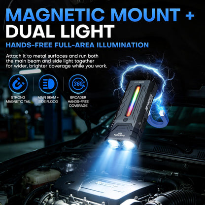APEX Online SA EDC flashlight with magnetic base and RGB side light illuminating a car engine bay for hands-free work.