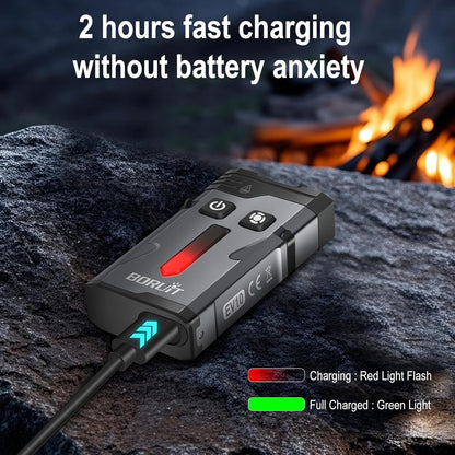 APEX Online SA compact magnetic flashlight charging with a USB-C cable on a rocky outdoor surface near a campfire