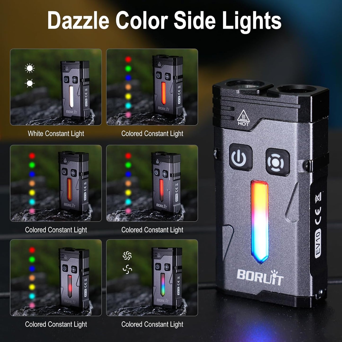 APEX Online SA compact magnetic flashlight showing various RGB ambient lighting modes and white light settings