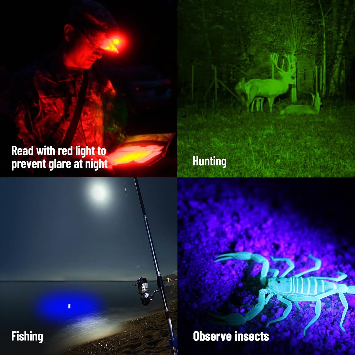 APEX Online SA NICRON D10 flashlight showing red light reading, hunting, night fishing, and UV insect observation