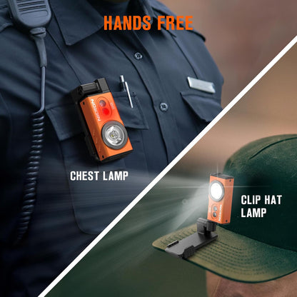 APEX Online SA NICRON D10 orange EDC flashlight shown as a chest lamp on a uniform and a clip-on hat lamp.