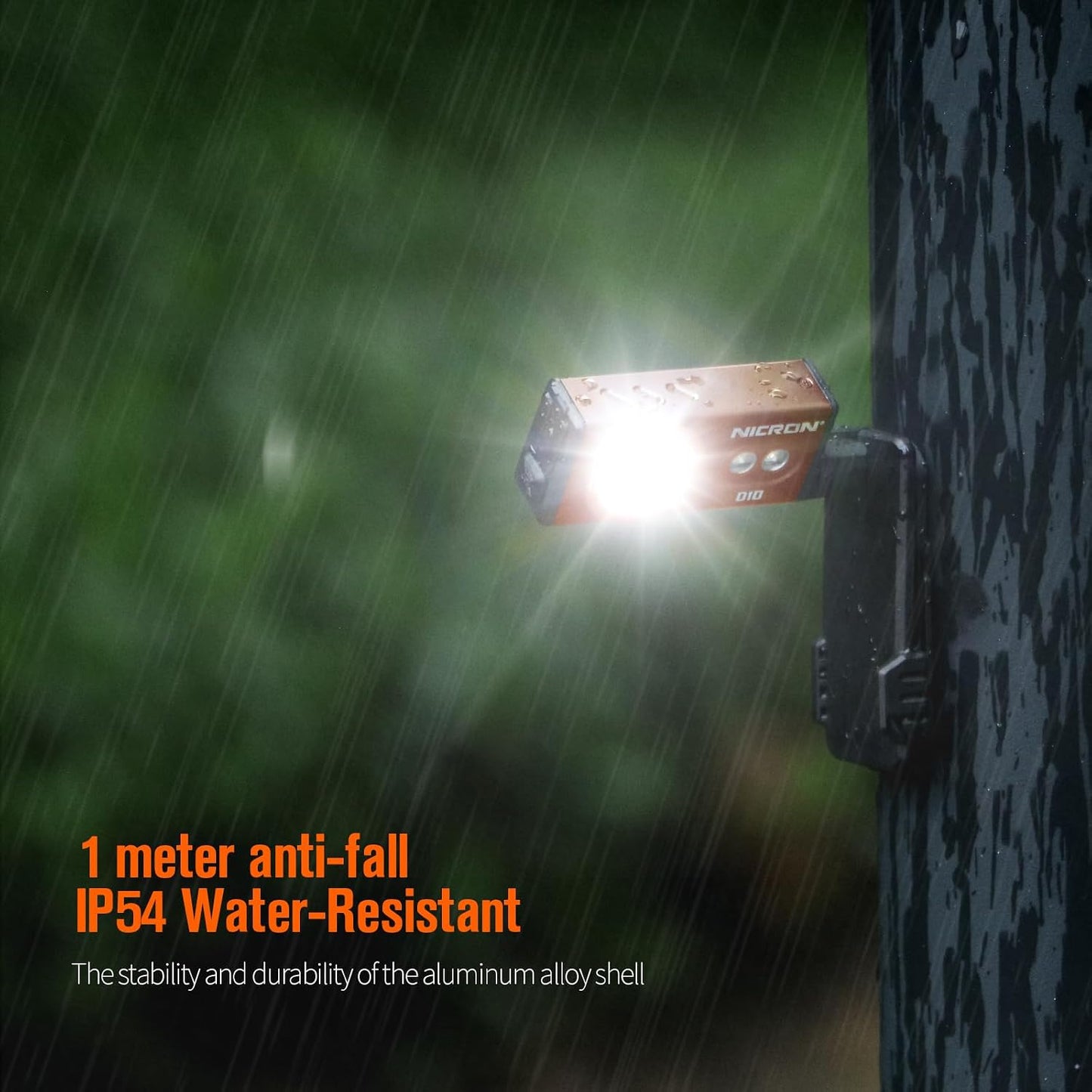APEX Online SA NICRON D10 orange EDC flashlight mounted magnetically to a wet tree trunk in the rain