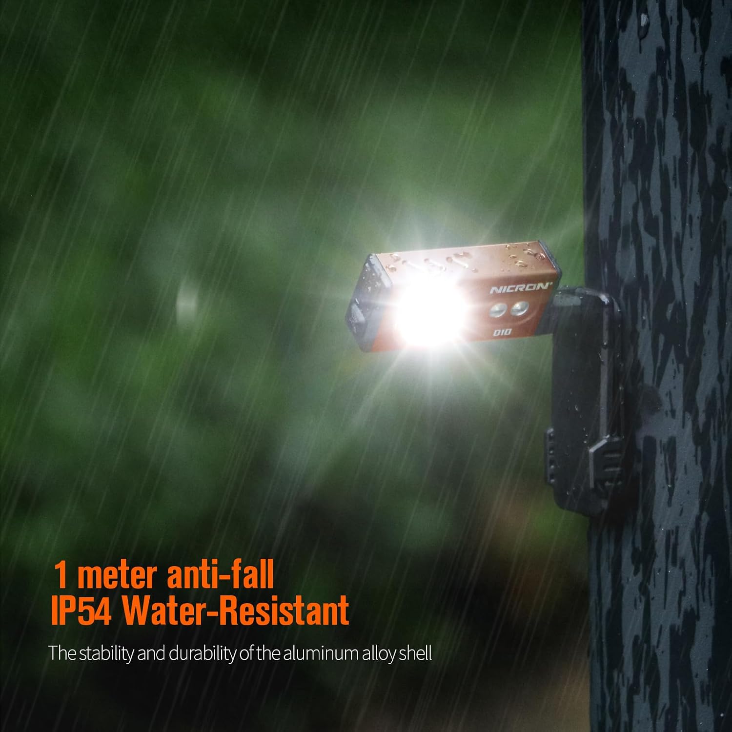 APEX Online SA NICRON D10 orange EDC flashlight mounted magnetically to a wet tree trunk in the rain