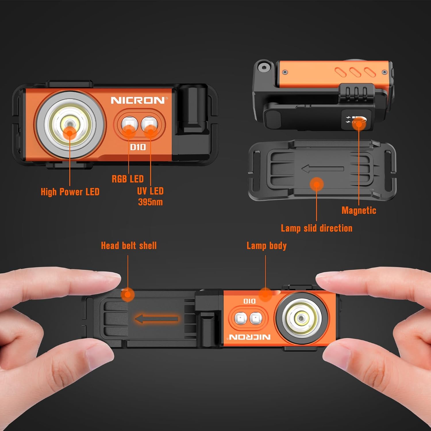APEX Online SA NICRON D10 orange EDC flashlight and headlamp showing magnetic base and sliding attachment mechanism
