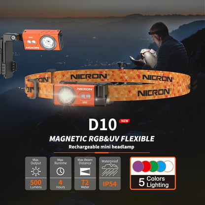 APEX Online SA NICRON D10 orange rechargeable LED headlamp and EDC flashlight with magnetic base and headband