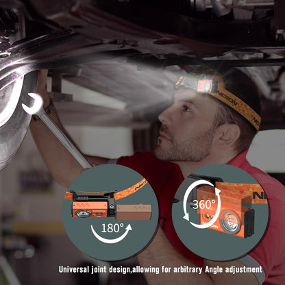APEX Online SA NICRON D10 orange EDC flashlight and headlamp worn by a mechanic working on a car engine