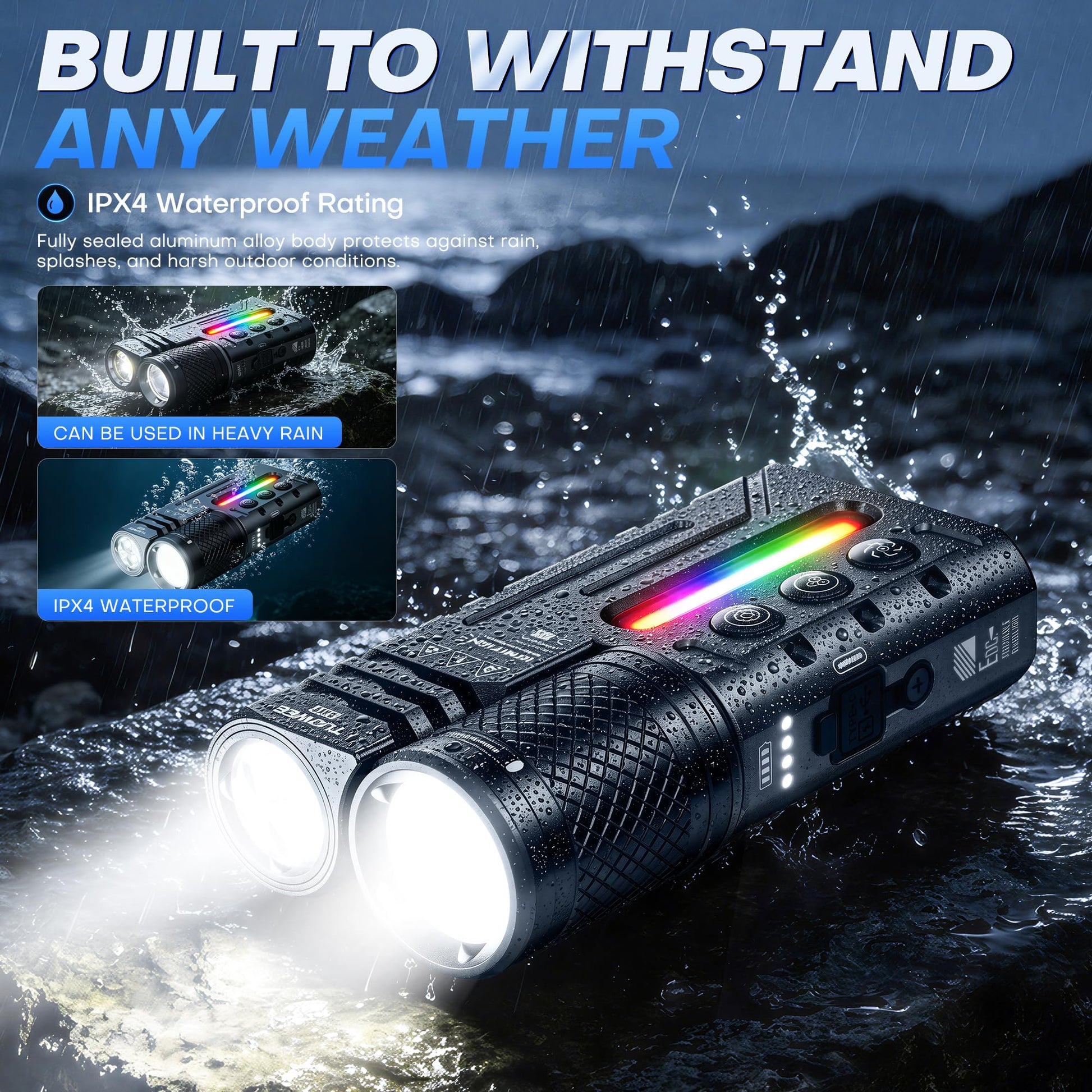 APEX Online SA TUOWEE AB9 dual-beam EDC flashlight with RGB side light, waterproof aluminum body, and magnetic base.