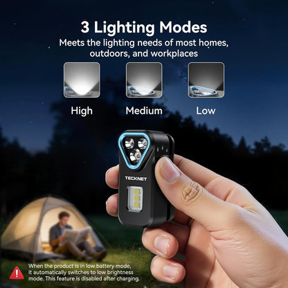 APEX Online SA TECKNET F1 compact EDC flashlight held in hand, showing brightness levels and multi-light design.