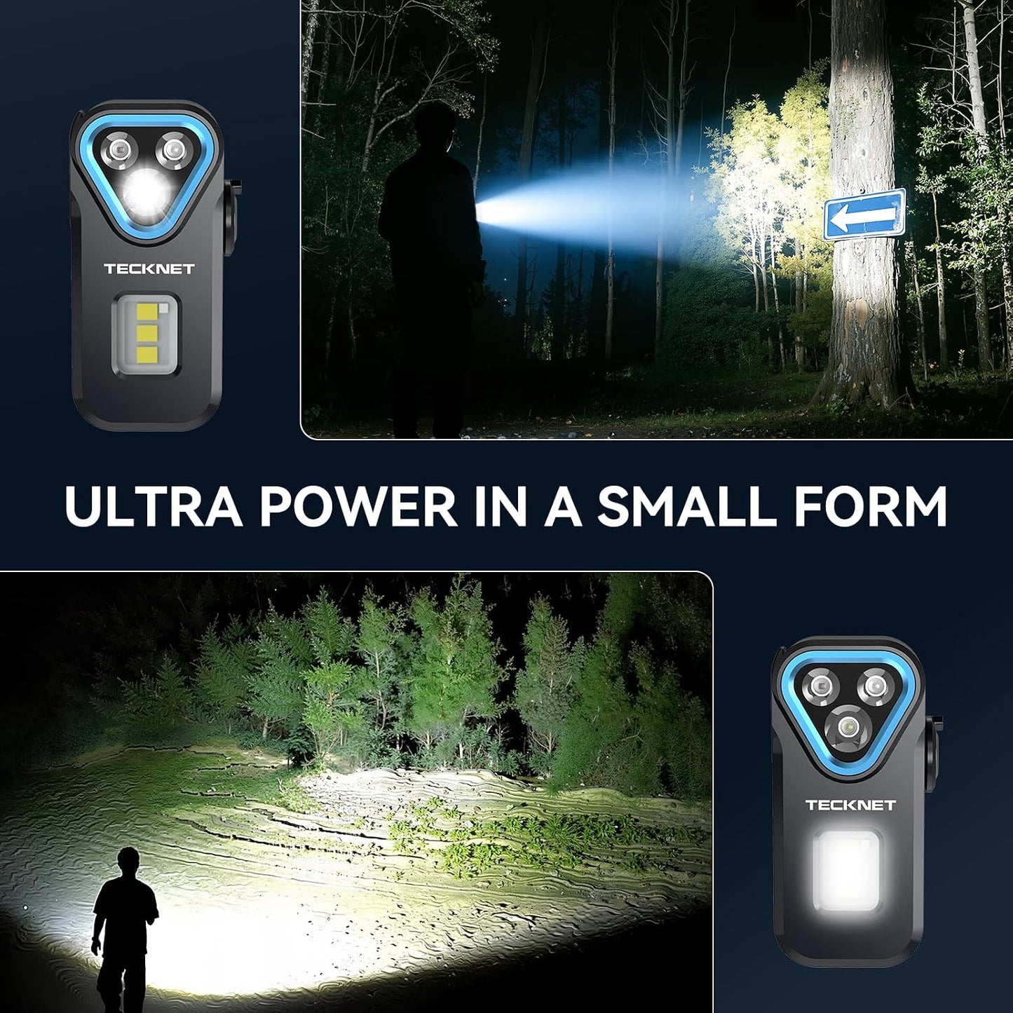 APEX Online SA TECKNET F1 compact EDC flashlight showing bright beam performance in outdoor night settings