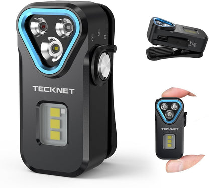 APEX Online SA TECKNET F1 compact EDC flashlight with multiple light sources, rotary dial, and magnetic base.