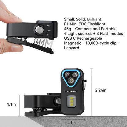 APEX Online SA TECKNET F1 compact black EDC flashlight with multiple light sources, magnetic base, and pocket clip.