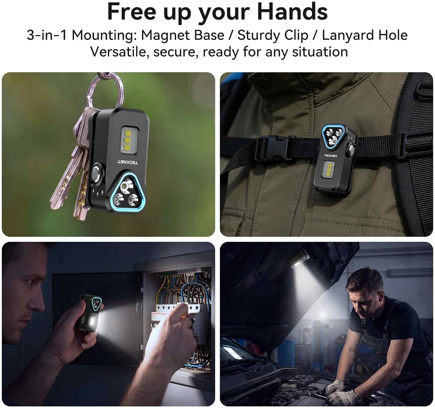 APEX Online SA TECKNET F1 compact EDC flashlight showing magnetic base, pocket clip, and hands-free usage scenarios.