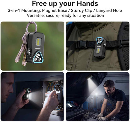 APEX Online SA TECKNET F1 compact EDC flashlight showing magnetic base, pocket clip, and hands-free usage scenarios.