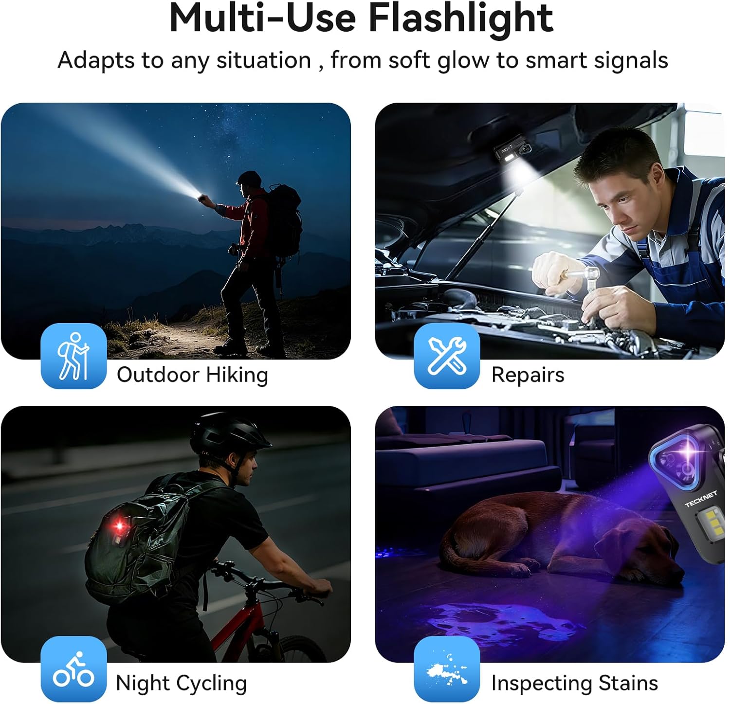 APEX Online SA TECKNET F1 multi-use flashlight showing outdoor hiking, car repairs, night cycling, and UV stain detection