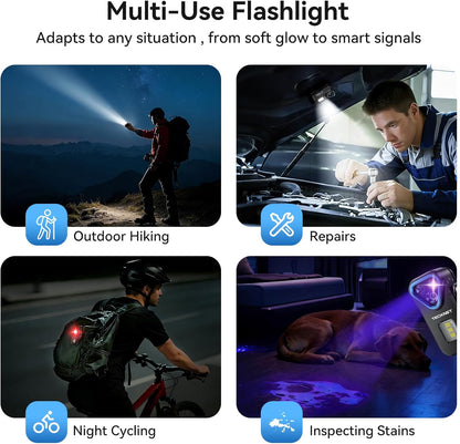 APEX Online SA TECKNET F1 multi-use flashlight showing outdoor hiking, car repairs, night cycling, and UV stain detection