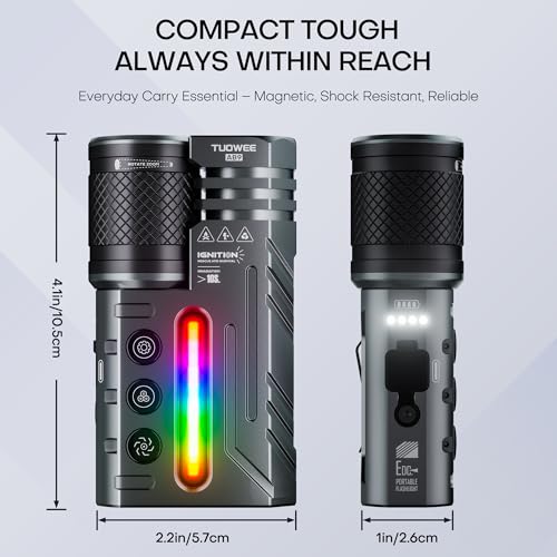 APEX Online SA TUOWEE AB9 3000 lumen EDC flashlight with zoomable beam, RGB side light, and magnetic base dimensions.