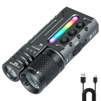 APEX Online SA TUOWEE AB9 3000 lumen rechargeable EDC flashlight with RGB side light, magnetic base, and USB-C cable.