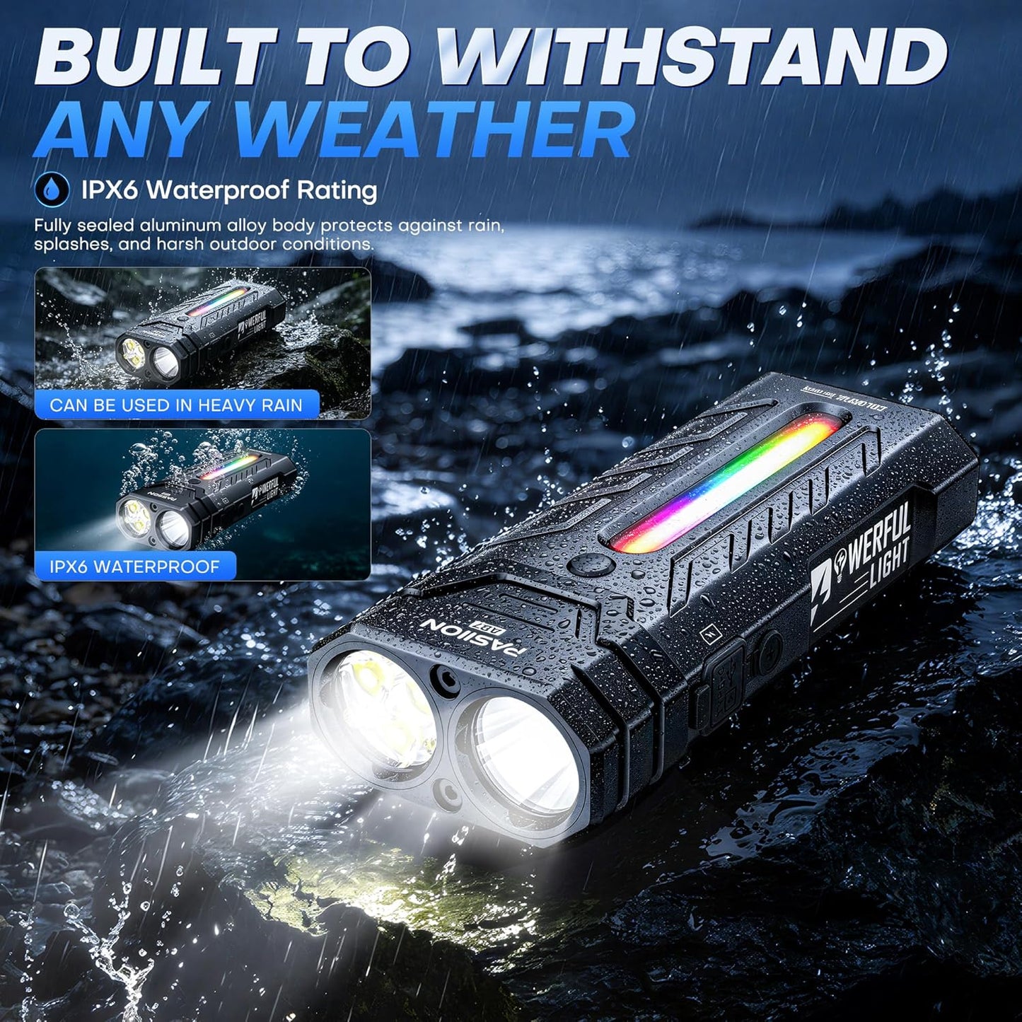 APEX Online SA 3000 lumen waterproof EDC flashlight with dual beam and RGB side light on a wet rocky surface