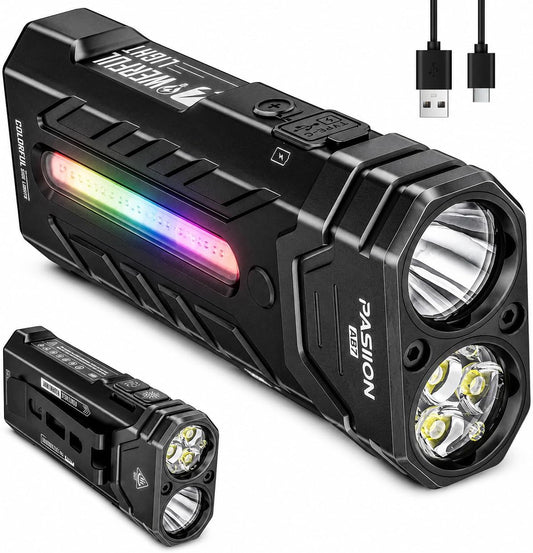 APEX Online SA 3000 lumen zoomable EDC flashlight with RGB side light, USB-C charging, and magnetic base.