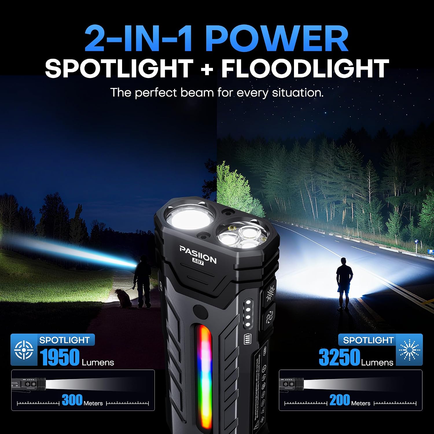 APEX Online SA 3000 lumen zoomable EDC flashlight showing spotlight and floodlight beam modes in a night setting