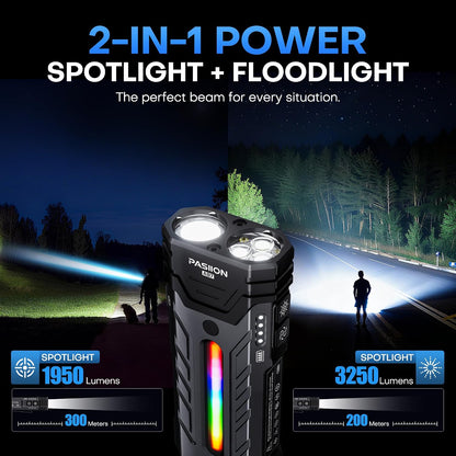 APEX Online SA 3000 lumen zoomable EDC flashlight showing spotlight and floodlight beam modes in a night setting