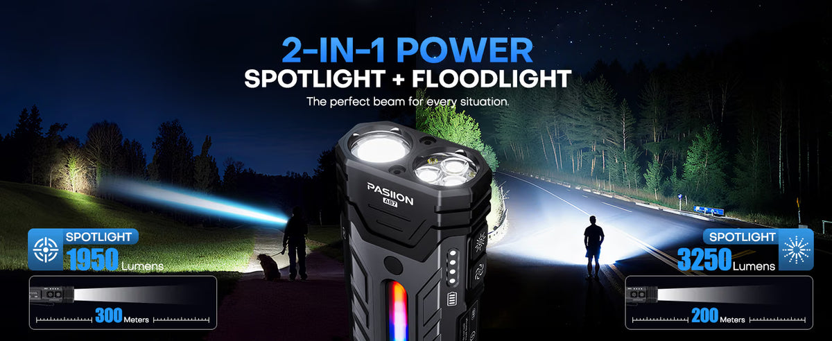 A 2-in-1 PASSION E20 flashlight shown in a dark outdoor night scene, with text reading '2-IN-1 POWER SPOTLIGHT + FLOODLIGHT' and beam output graphics on both sides.